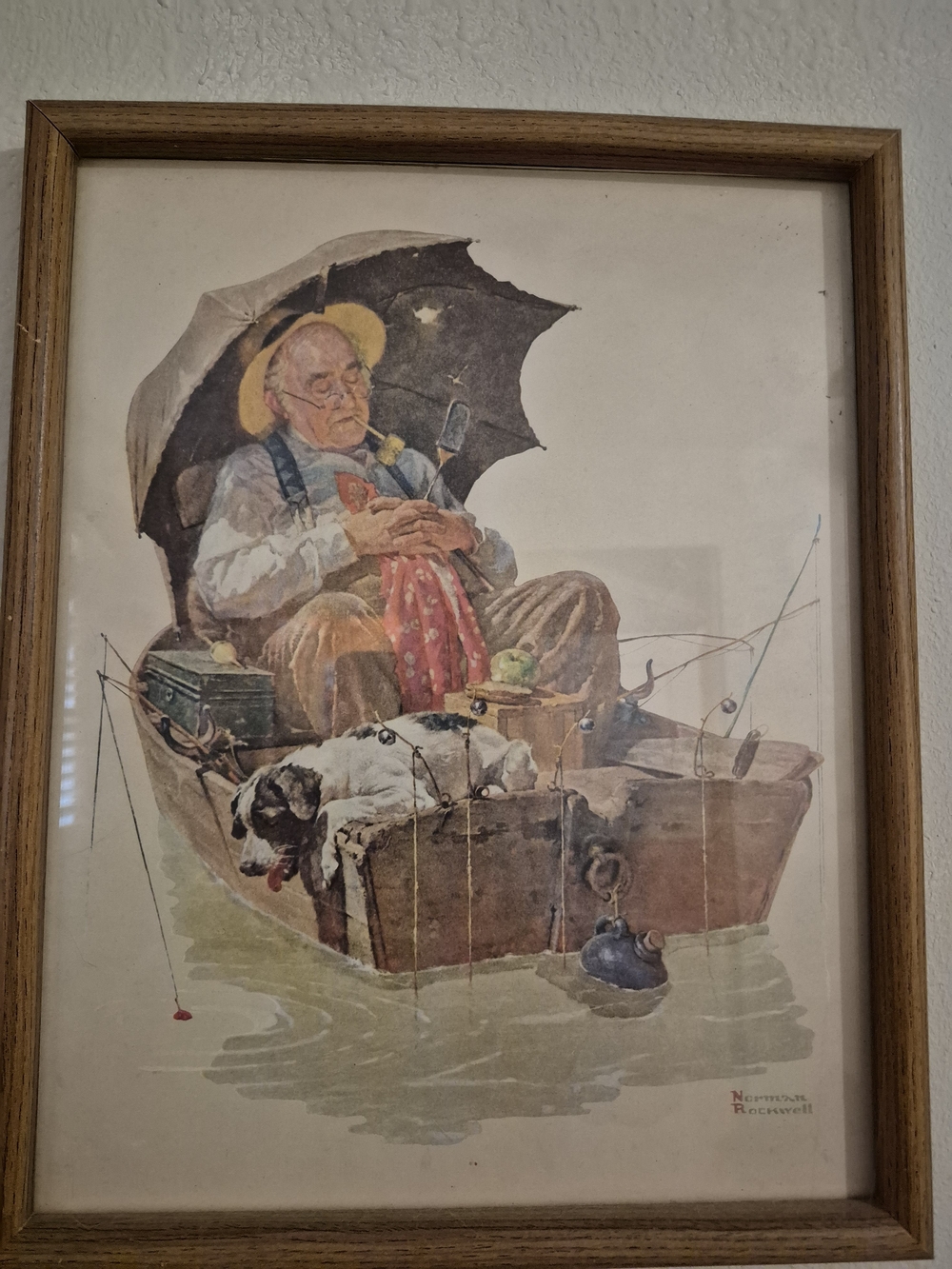 Norman Rockwell Print 'Fishing Nap' - Framed Home Art in Brown and Cream